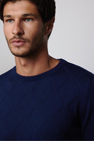 Tudors Erkek Slim Fit Bisiklet Yaka Desenli Lacivert Triko Kazak