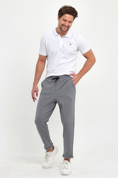 COMBİNE MİCHAİL Men's Dark Gray Double Leg Standard Cut Waist Tied Side Pocket Jogger Pants