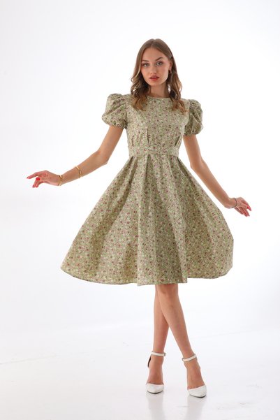 Moda Lippa Rochie evazată verde fistic cu modele florale