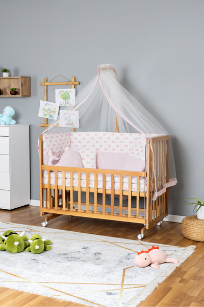 Bamgidoo Ahşap Beşik Anne Yanı Beşik Vernikli 60x120 - Pembe Balina Uyku Seti...