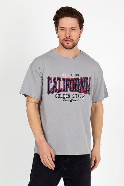 COMBİNE MİCHAİL Unisex Gray Printed Crew Neck Oversize T-shirt
