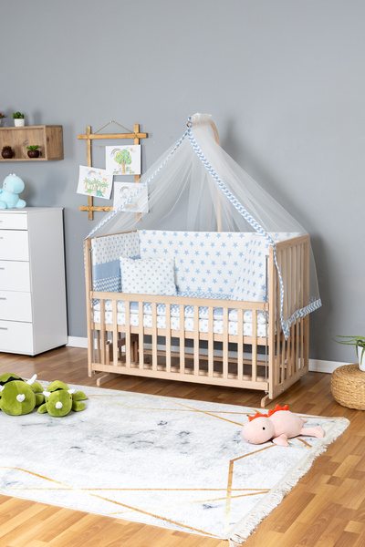 Bamgidoo Ahşap Beşik Anne Yanı Beşik Organik 60x120 - Mavi Yıldız 1 Yastıklı ...