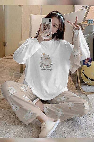 PEMBİŞ HOMEWEAR Bahd Owl7 Believe In Magic White Supersoft Women's Pajama Set 3627