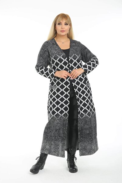 Mia Butik Plus Size Gray Geometric Patterned Long Cardigan