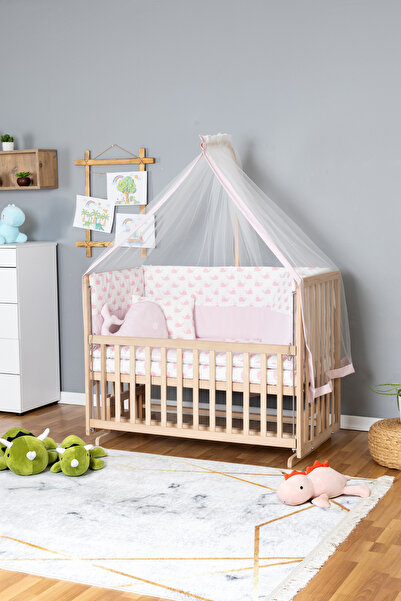 Bamgidoo Ahşap Beşik Anne Yanı Beşik Organik 60x120 - Pembe Balina Uyku Seti ...