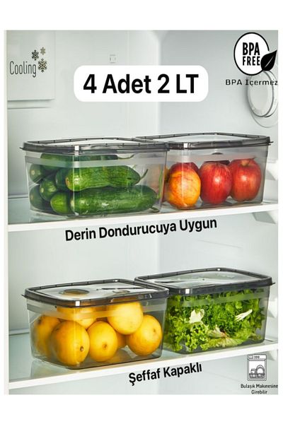 Bayev 4 Pieces Huge Smoked 2 LT Refrigerator Storage Container - Vegetable Box Suitable for Deep Freezer