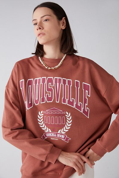 GRIMELANGE Ramona Women's Oversize Soft Fleece Inside Organic Cotton Print Round Neck Brick Color Sweatshirt