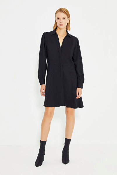 Just Like You Siyah Uzun Kollu Gömlek Yakalı Mini Elbise