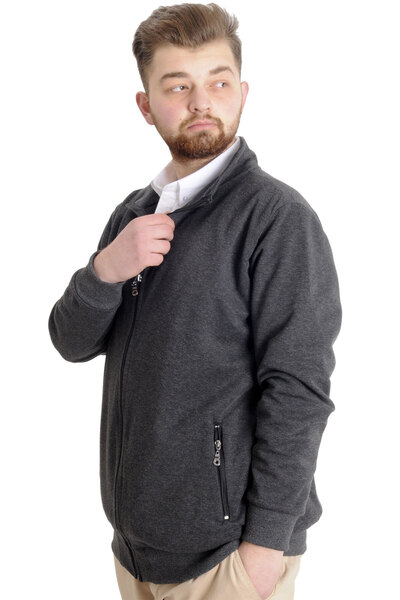 ModeXL Mode Xl Large Size Men's Cardigan Zippered Stell Stand Collar 20571 Anthramelange