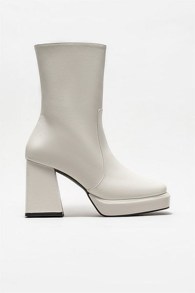 Elle Shoes Beige Leather Women's Heeled Boots