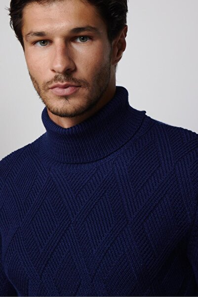 Tudors Erkek Slim Fit Dar Kesim Tam Balıkçı Yaka Desenli Sax Mavi Triko Triko Kazak