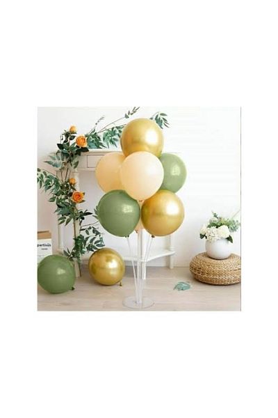 Çemrek Süs Parti Footed balloon stand 75 cm 7 pieces and mildew green gold tones 10 pieces of balloons