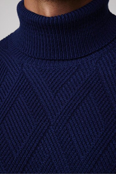 Tudors Erkek Slim Fit Dar Kesim Tam Balıkçı Yaka Desenli Sax Mavi Triko Triko Kazak