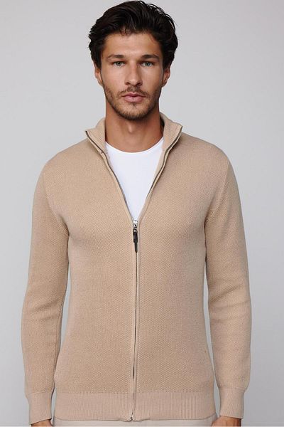 Tudors Men's Half Turtleneck Zippered Stone Color Cardigan