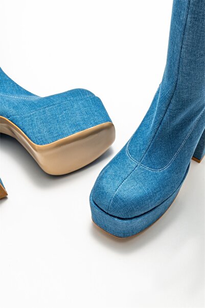 Elle Shoes Mavi Kadın Topuklu Çizme