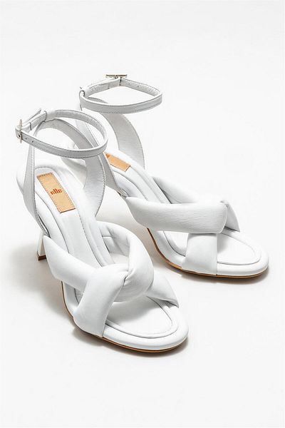 Elle Shoes White Leather Women's Heeled Sandals