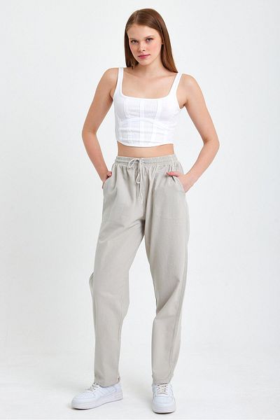 COMBİNE MİCHAİL Gray High Waist Elastic Waist Linen Trousers