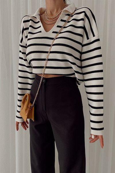 My love butik Tricotaj în dungi cu gât polo Pulover Crem