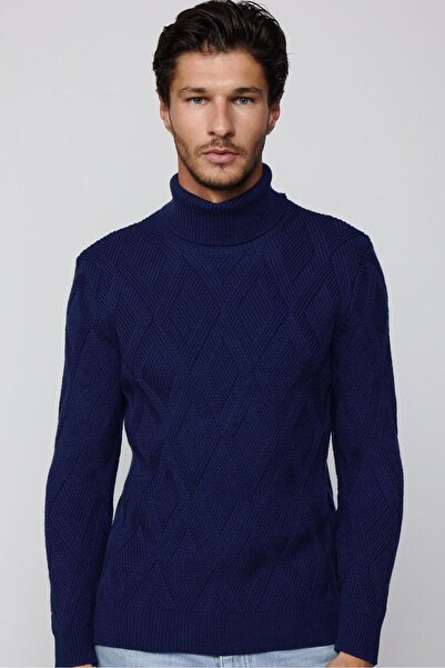 Tudors Erkek Slim Fit Dar Kesim Tam Balıkçı Yaka Desenli Sax Mavi Triko Triko Kazak