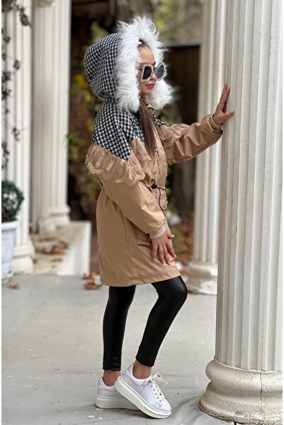 tunay moda Houndstooth Fur Coat