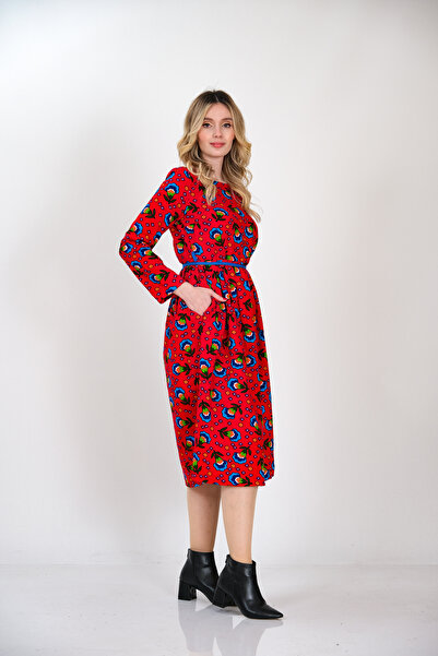 İna Divitin Pazenden Arkası Fermuarlı Midi Boy Çiçekli Kışlık Kırmızı Elbise