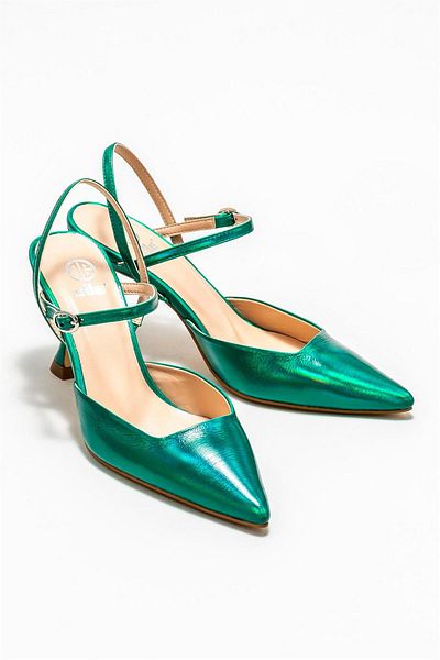 Elle Shoes Green Leather Women's Heeled Shoes