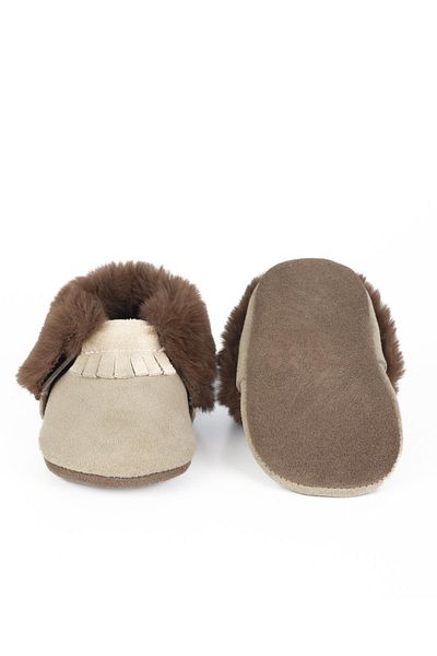 YoYo Junior Genuine Leather Cream Suede Outer Fur Detailed Baby Booties