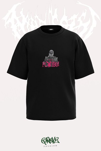 Grove Fashion Tricou oversize unisex cu imprimeu în față cu mască Playboi Carti