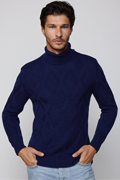 Tudors Erkek Slim Fit Dar Kesim Tam Balıkçı Yaka Desenli Sax Mavi Triko Triko Kazak