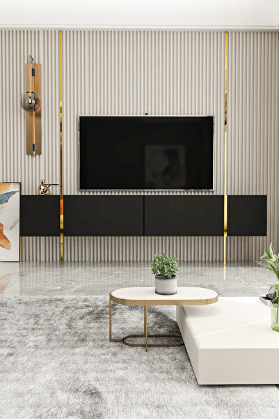 Givayo Mobilya Su Tv Ünitesi Siyah Altın 150 Cm Duvara Monte Ayaklı Kullanım