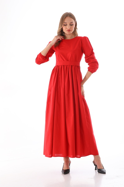 Moda Lippa Kolları Lastikli Kırmızı Tesettür Elbise