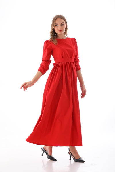 Moda Lippa Kolları Lastikli Kırmızı Tesettür Elbise