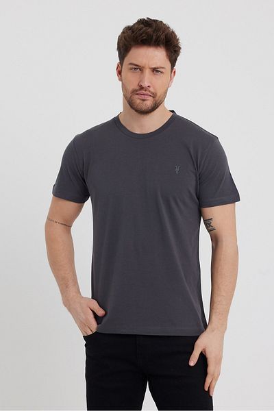 COMBİNE MİCHAİL Men's Smoked Slim Fit Crew Neck Cotton Short Sleeve T-Shirt