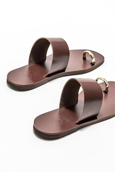 Elle Shoes Hnědé kožené dámské žabky