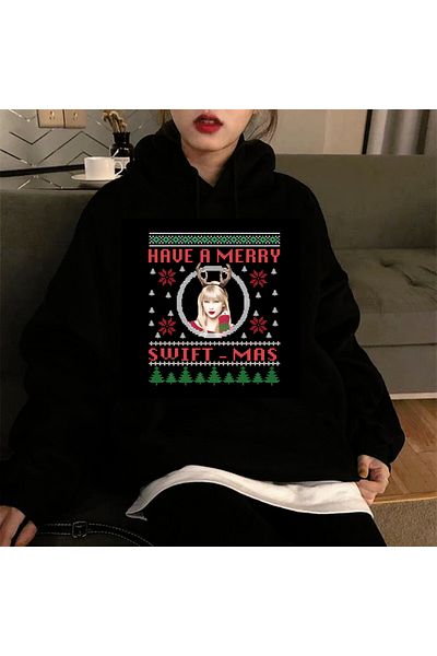 Gofeel Pofidi Have a Merry Printed Black Unisex Oversize Hooded Sweatshirt