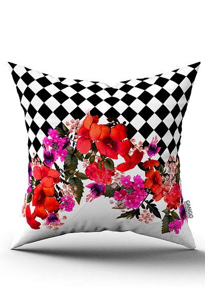 Cango Home Husă de pernă cu model de flori în carouri alb-negru imprimată digital Cgh1106