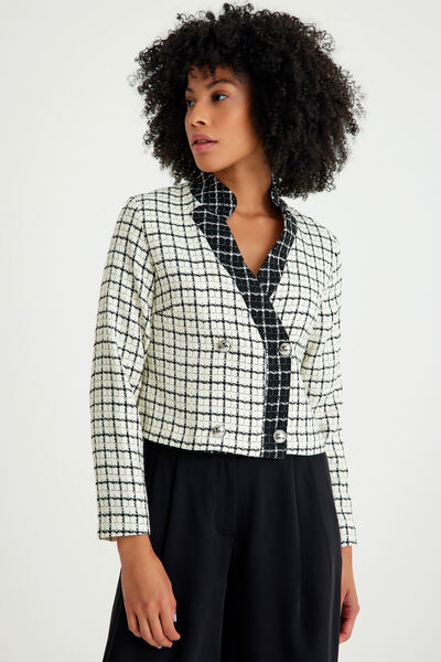 Just Like You Beyaz Siyah Ekoseli Kısa Kadın Ceket