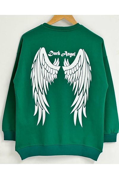 Moda Işık Φούτερ Πράσινο Χρώμα Dark Angel Back Wing με στάμπα με 3 νήματα χωρίς ψηλό λαιμόκοψη Oversize