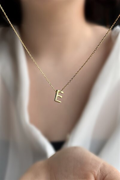 Ziu 925 Ayar Üç Boyutlu E Harfli Gümüş Kolye Uzunluk 42 Cm