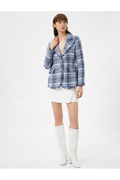 Koton Tweed Blazer Jacket Buttoned Flap Pockets Lined Padding