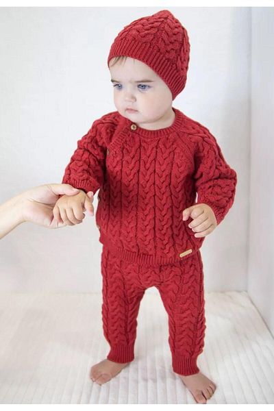 Minora Knitwear Unisex Double Breasted Hair Knit 3 Piece Set Red