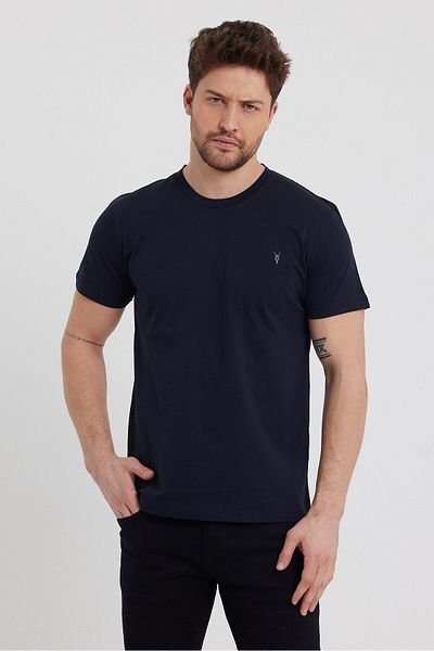 COMBİNE MİCHAİL Ανδρικό κοντομάνικο μπλουζάκι Navy Blue Slim Fit Crew Neck 100% βαμβακερό