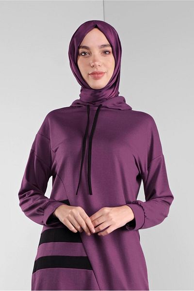 TRENDTESETTÜR Women's Purple Stripe Patterned Hooded Tracksuit Set 6746