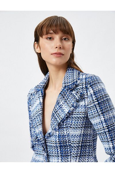 Koton Tweed Blazer Jacket Buttoned Flap Pockets Lined Padding