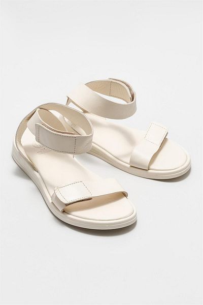 Elle Shoes Ecru Leather Women's Flat Sandals