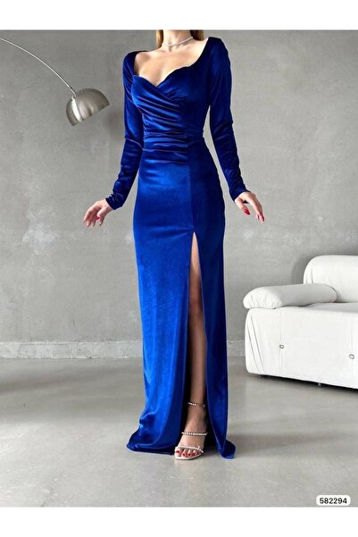 rengamoda Γυναικείο βραδινό φόρεμα με βελούδινο ύφασμα με σχισμή φόρεμα αποφοίτησης