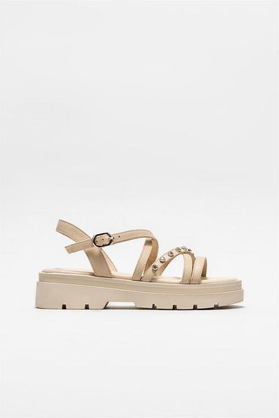 Elle Shoes Μπεζ δερμάτινα γυναικεία αθλητικά σανδάλια