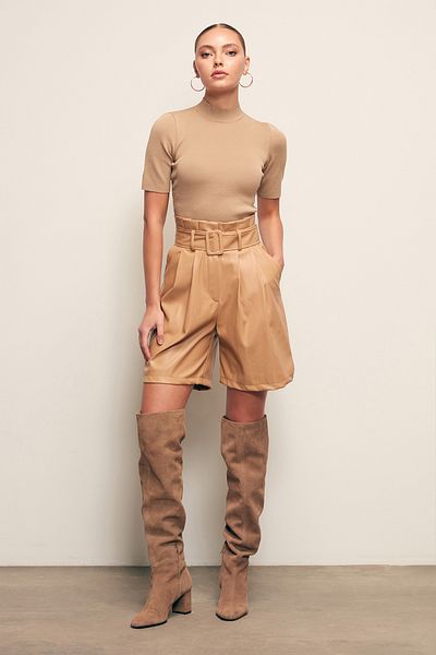 Sateen Belted Leather Shorts - Beige