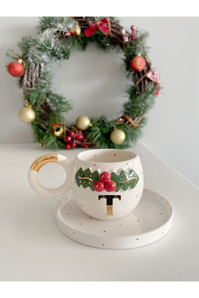 Mugtasarım كوب قهوة تركي مزدوج مطلي بالذهب عيار 24 قيراط - حرف T -