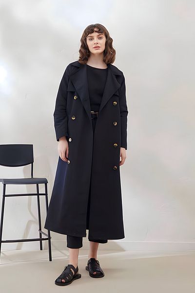 MODAQU Shawl Collar Buttoned Trench Coat Black